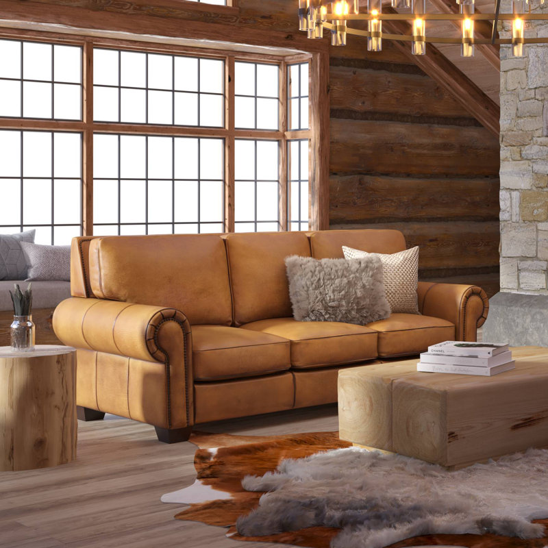 Valencia 92'' Brown Leather Sofa with Nailhead Trim