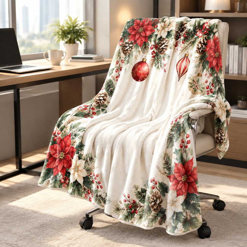 Christmas Floral Print Throw Blanket, Festive Holiday Poinsettia and Pinecone Design Cozy Plush Blanket for Sofa Couch Bedroom Living Room Home Decoration