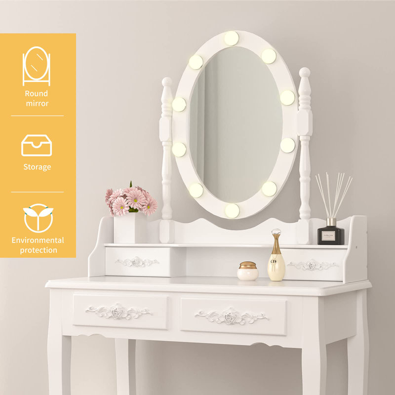 Iliany Vanity with Lighted Mirror, Makeup Vanity Set, Girls Dressing Desk with Stool and 4 Drawers, White