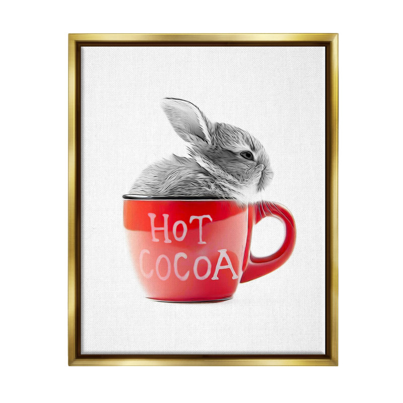 Lapin dans une tasse rouge par Annalisa Latella, Cadre flottant métallique doré, H 31 po x l 25 po x P 1,7 po