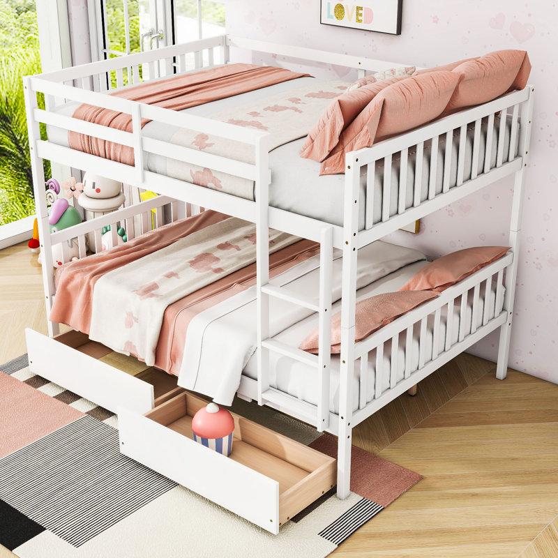 Lit superposé en bois avec 2 tiroirs, Double sur double, Blanc