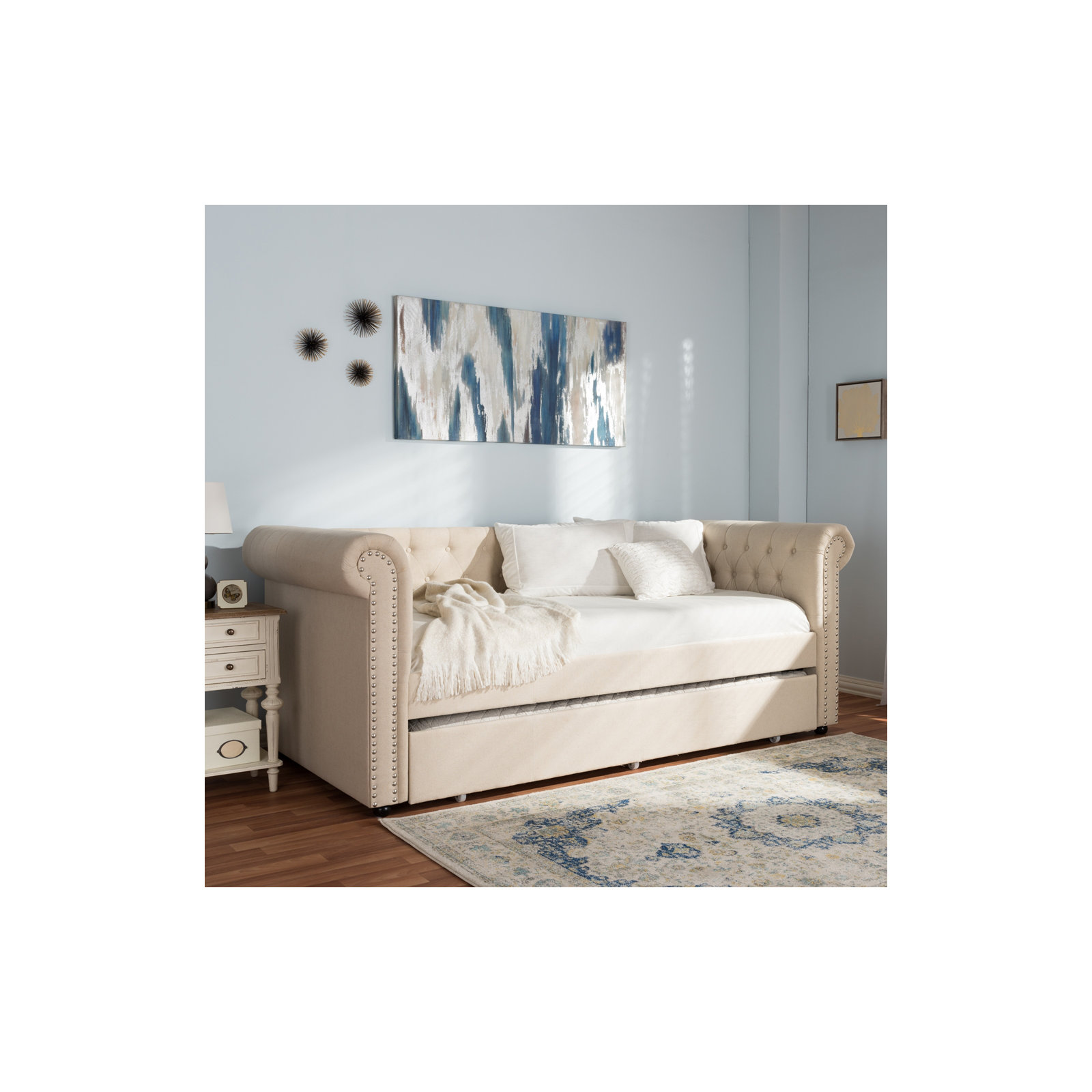 Mynard Upholstered Daybed with Trundle - Twin, Beige