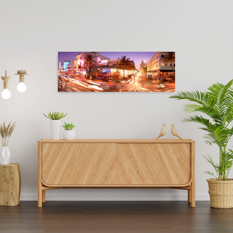 Traffic on a road Ocean Drive Miami Florida USA 1 Piece Wrapped Canvas Panoramic Wall Art, 30.48 cm H x 91.44 cm W