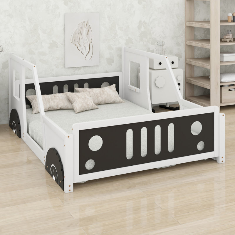 Lit voiture classique avec roues, style plateforme pour enfants, White