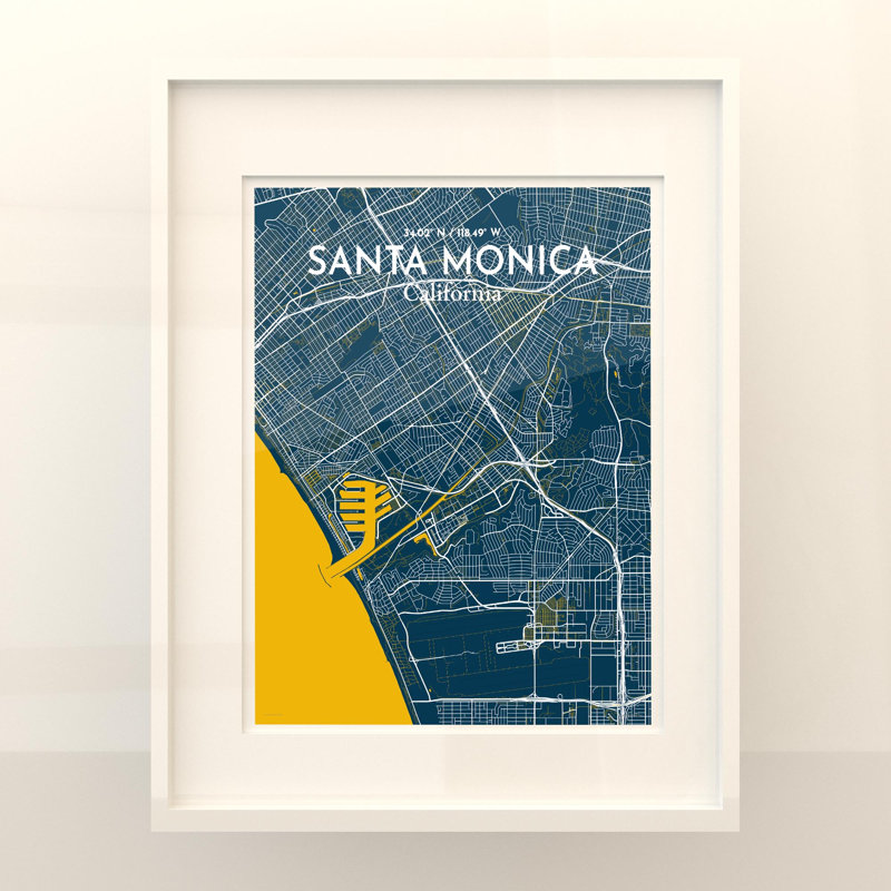 Santa Monica, carte de la ville, impression, H 20 po x l 16 po, Bleu / Jaune