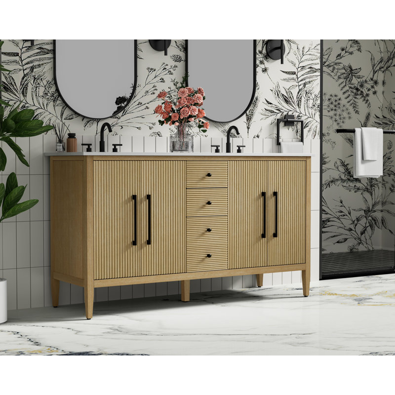 60 inch Double Bathroom Vanity, Linen Oak
