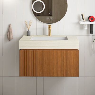 Meuble-lavabo de salle de bain en contreplaqué avec lavabo, armoire de rangement murale avec tiroir et porte, comptoir en pierre frittée à motif de travertin avec lavabo, pré-assemblé, couleur grain de bois de chêne brun