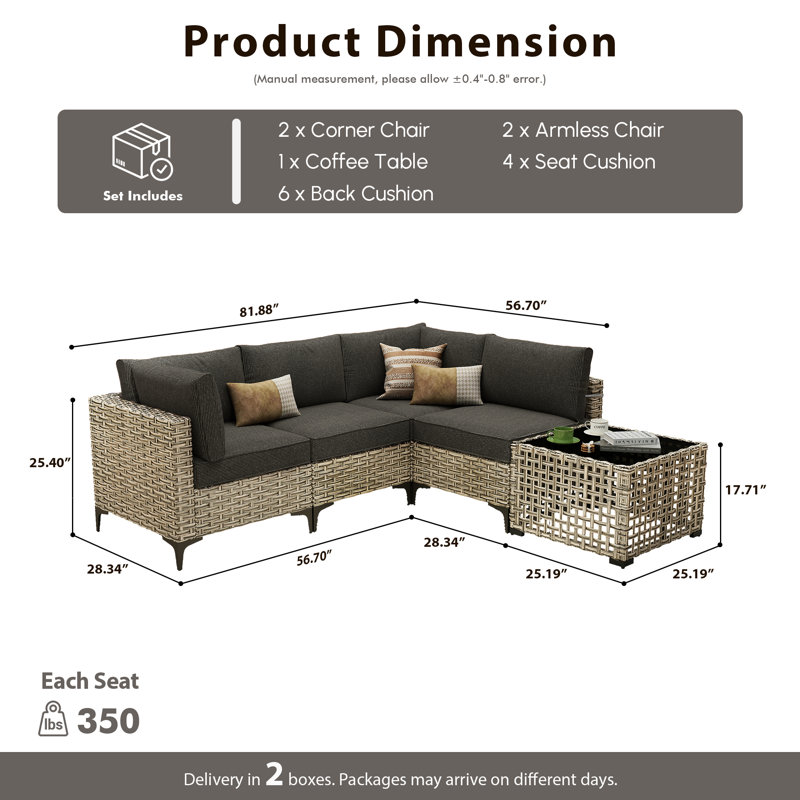 Sorella 5-piece Outdoor Patio Furniture Set With Wicker Sectional Sofa & Lighted Coffee Table, Modern Patio Conversation Set For Porch, Deck & Backyard