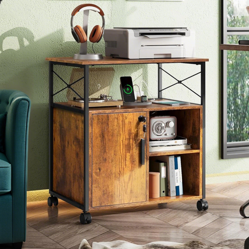 Rustic Brown Lockable File Cabinet With Charging Station For  Office - Printer Stand With Power Outlets, A4/Letter Size, Easy Assembly, Mobile Storage Solution