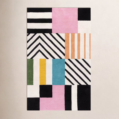Tripoli Ivory Black Pink Hand-Tufted Geometric Rug
