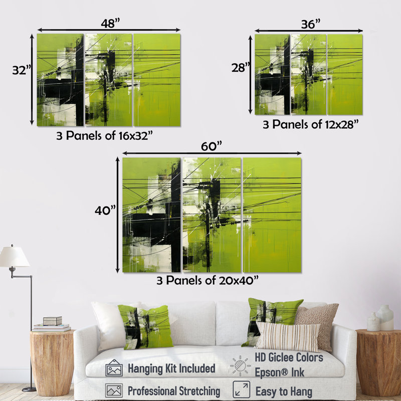 Minimalist Olive Power Power Lines - Ensemble d'art mural lignes électriques, Toile tendue, H 40 po x l 60 po x P 1 po