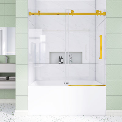 56 à 60 po L 60 po Porte de douche coulissante simple sans cadre H avec verre trempé transparent de 1/4 po en or brossé | Film antidéflagrant | Poignée en acier inoxydable | Rail tubulaire carré