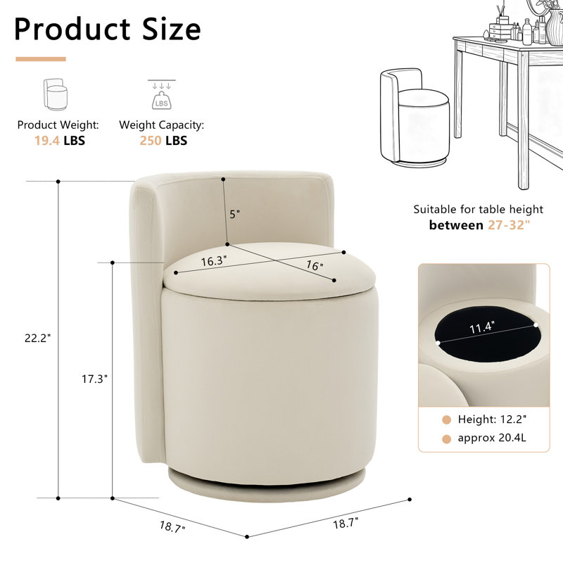 22"H Velvet Accent Chair with Hidden storage and 360° rotation,Low Back Chair,Swivel Chair, Black