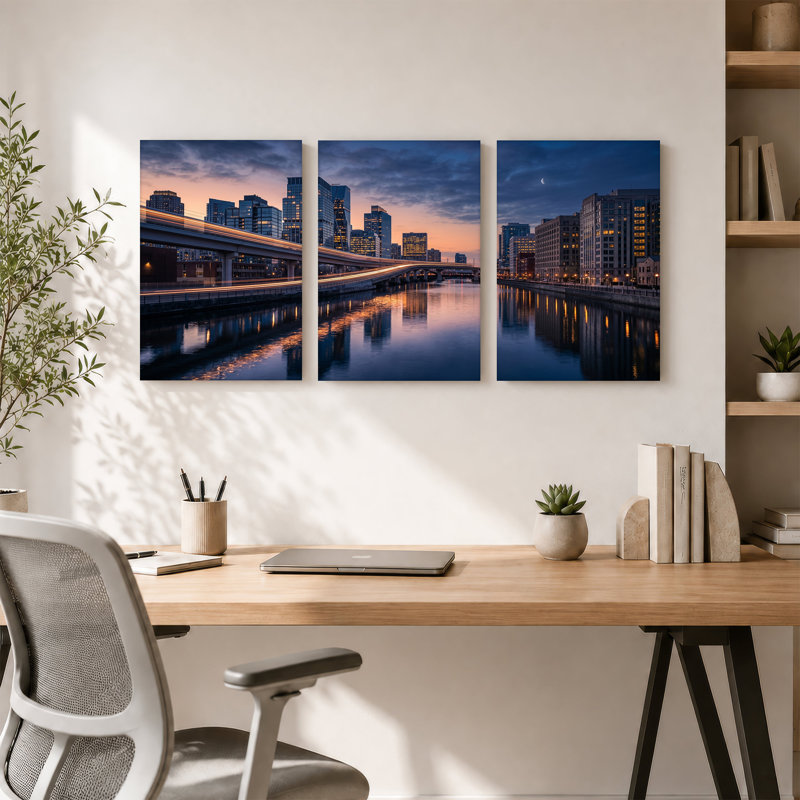 «City Skyline at Dusk with Light Trails and River Reflection», ensemble de 3 toiles murales, 36"H x 24"W x 3pcs
