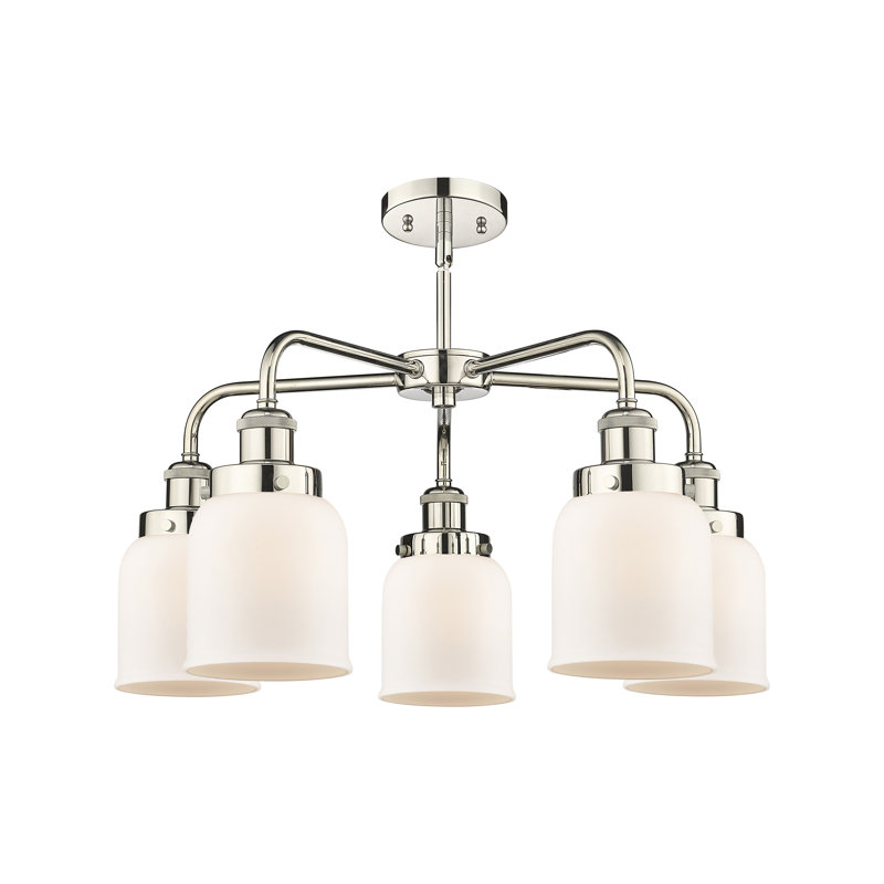 Lustre en verre à 5 lumières Bell, Blanc mat, Nickel poli