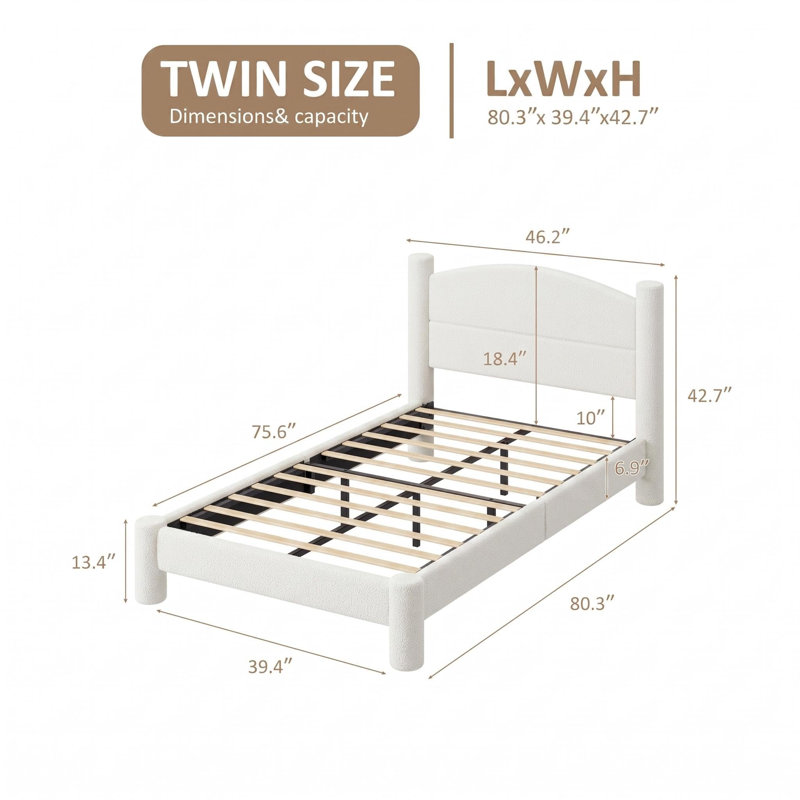 Cadre de lit plateforme capitonné Cloud Boucle avec tête de lit ronde - Pieds cylindriques - Lattes en bois robustes et silencieuses, aucun sommier requis - 1 place, Blanc