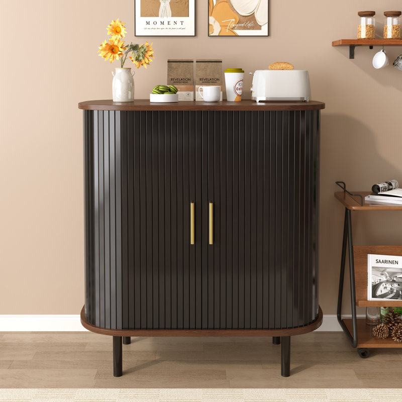 Fluted Wine Bar Cabinet with Adjustable Shelves,Wine Rack,and Hidden Storage for Modern Living Spaces, Black
