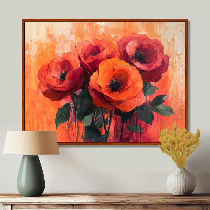 Fleurs, roses, coucher de soleil, bouquet de fleurs - art mural floral, H 16 po x l 32 po, Brun
