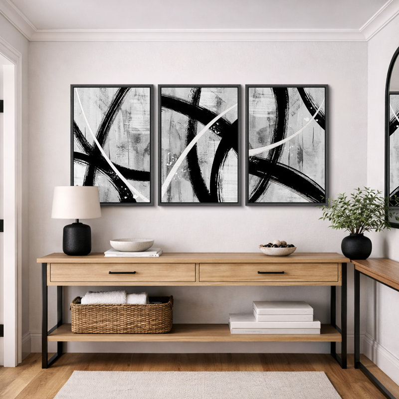 BAW "Black Grey White Geometric Paint Stroke, Noir, H 36 po x l 72 po x P 1,5 po
