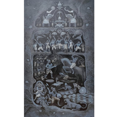 Tamil Storey – Large Indian Folk Acrylic Canvas Art by Harshad Godbole, Monochrome Wall Décor, 60"x36"