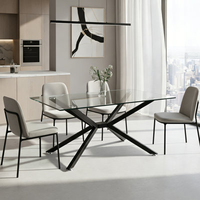 Modern Tempered Glass Coffee Table with Metal Base, Rectangular Living Room Dining Table