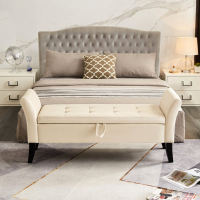 Tabouret de chevet 51,5 po en velours beige avec banc de rangement pratique en mousse