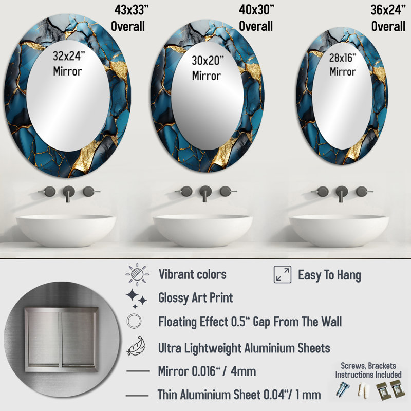 Agate dorée et bleue en marbre mosaïque II - grand miroir mural ovale sur métal, H 36 po x l 24 po
