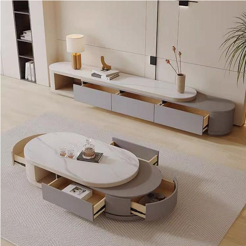 Italian Style Expandable Rock Slab TV Stand, Cream;Light Gray