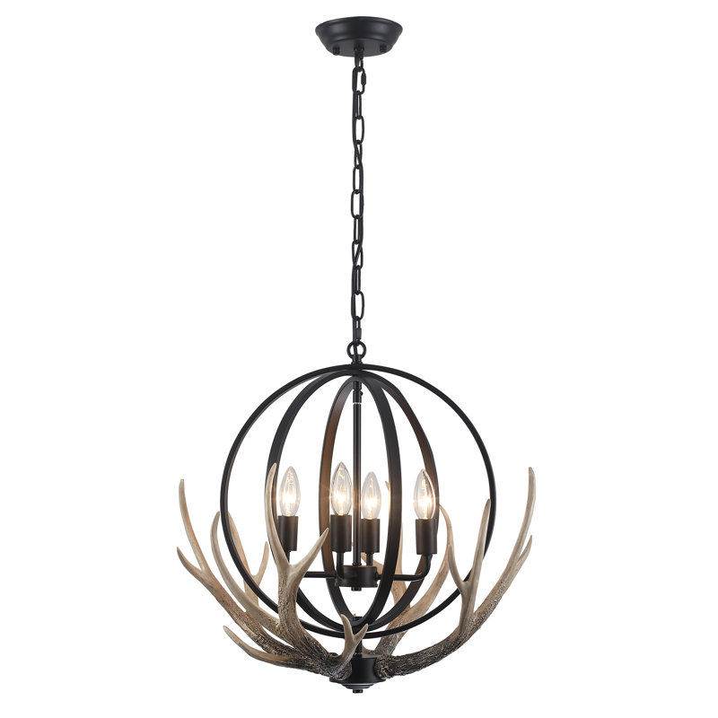 20.4'' Dimmable Rustic Farmhouse Chandelier With Resin 4 - Antlers And Retro Metal Globe Shade, Distressed Black, 4 Lights