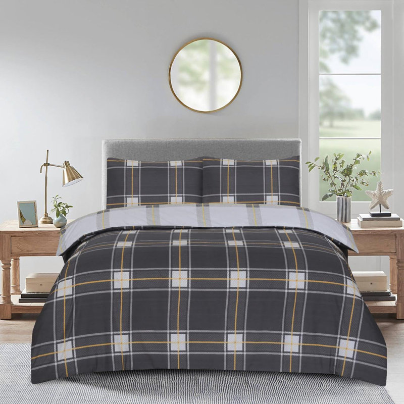 Complete Bedding Set Cotton Rich Checkered Duvet Cover, Fitted Sheet & Pillowcases Soft, Breathable & Wrinkle-Resistant, Grey