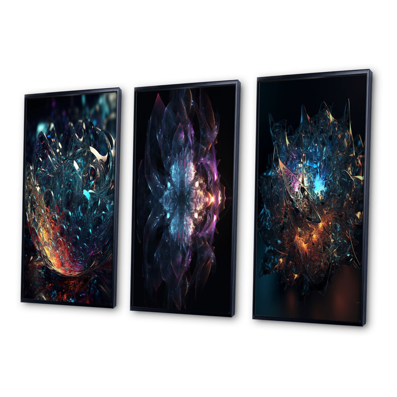 «Abstract Cosmic Crystal In Deep Space II», 3 pièces sur toile, Cadre flottant noir, H 40 po x l 60 po