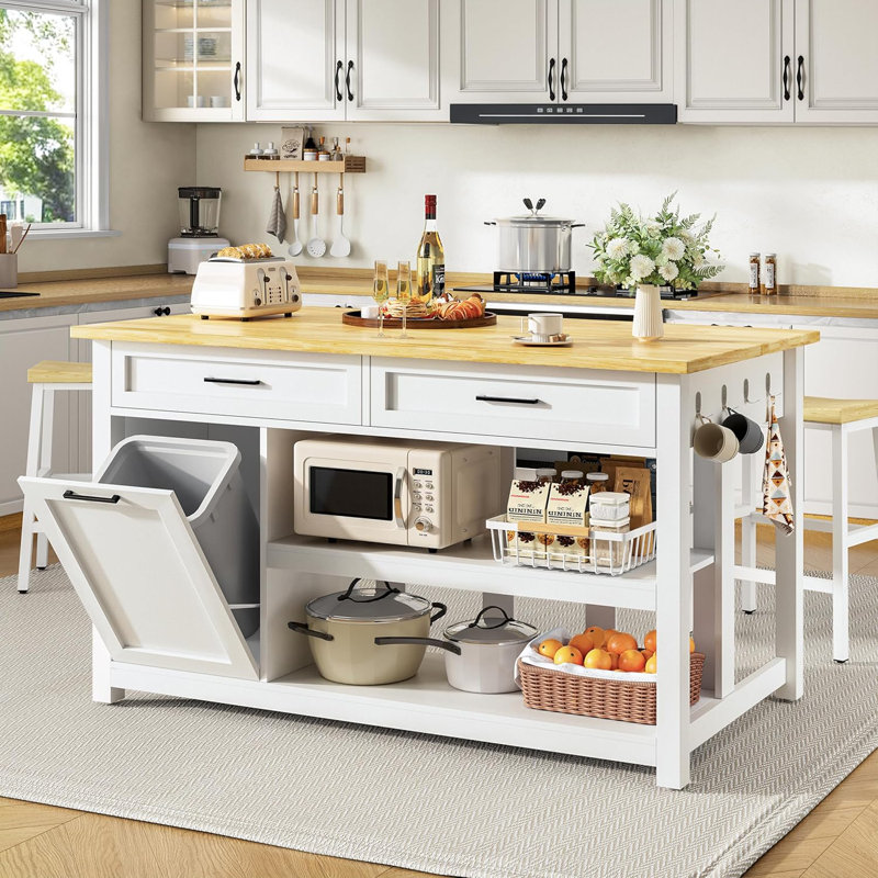 Îlot de cuisine 47 po avec rangement pour poubelle, 2 tabourets de bar, prise de courant et 2 grands tiroirs, White