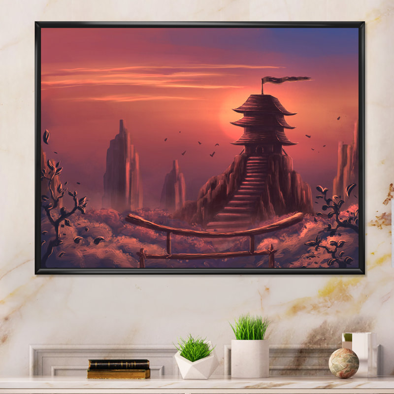«Video Game Fantasy Buddhist Temple Sunset», reproduction de photo sur toile, H 8 po x l 12 po x P 1 po, Cadre flottant noir