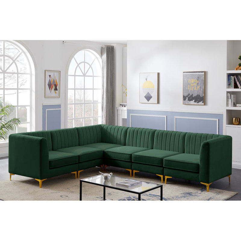 Enson Velvet L-Shaped Sectional Reversible, Green Velvet