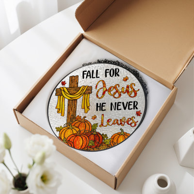 Panneau de vitrail Fall For Jesus He Never Leaves Cross with Pumpkins
