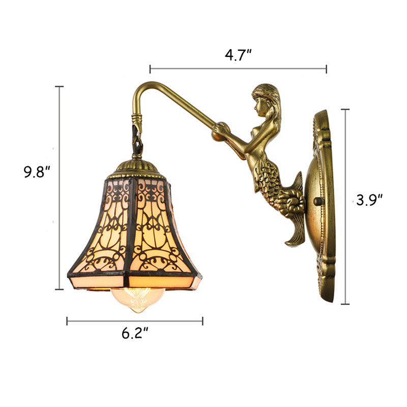 Retro Brass Wall Sconce Tiffany Mermaid Arm Wall Lamp
