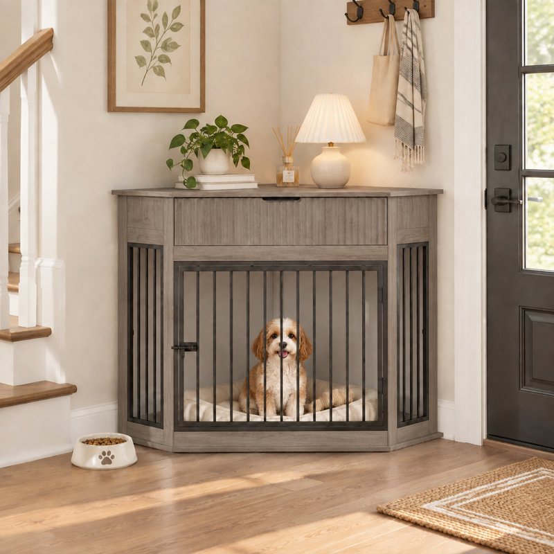 Meuble de coin pour cage de chien en MDF de 44,6 pouces avec tiroir de rangement cannelé pour chiens de petite et moyenne taille