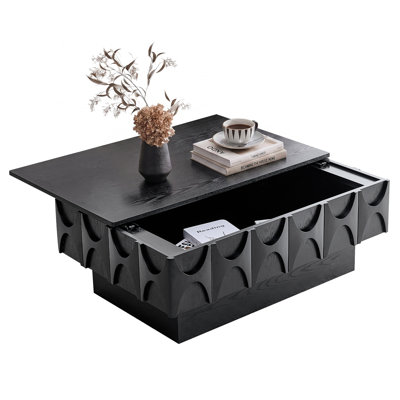 38.59"  Slide Top Coffee Table with Hidden Storage, Mid-Century Fluted Rectangle Centre Table ,Black