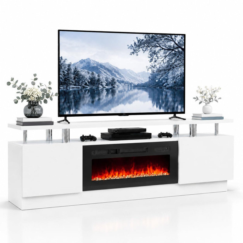 Meuble télé foyer blanc de 152 cm (60 po), centre de divertissement électrique avec 12 couleurs de flammes