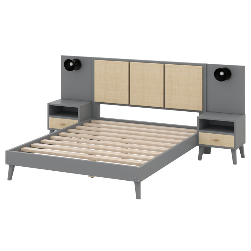 Structure de lit grand en bois massif avec 2 tables de chevet, Gris