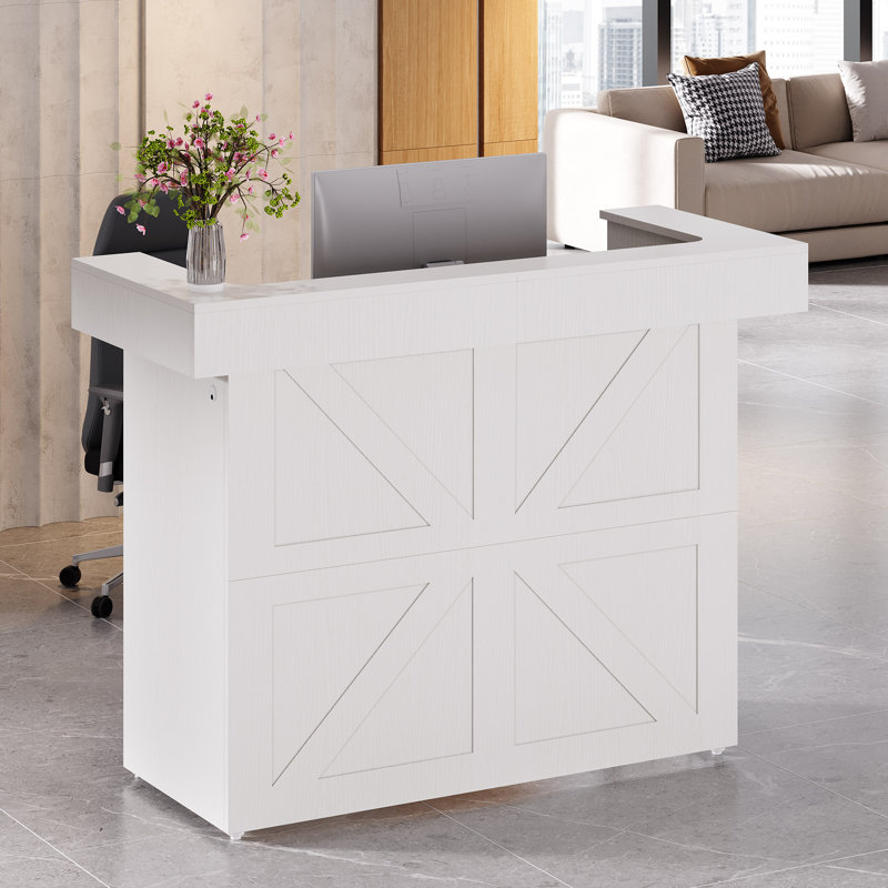 55-Inch White Rectangle Manufactured Wood Reception Desk With Light and 2 Grommets, White