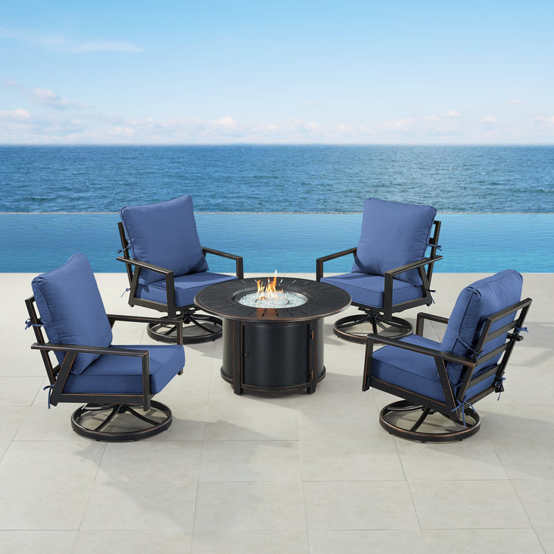 Ensemble de table de foyer en aluminium noir avec quatre fauteuils club, Bleu