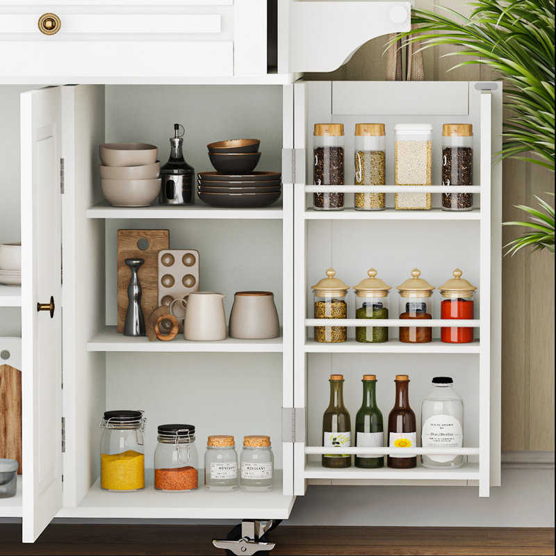 Îlot de cuisine 59 po avec battant coulissant, portes de rangement et tablettes réglables, table mobile pour îlot avec support à épices, porte-serviettes et tiroirs pour la salle à manger 