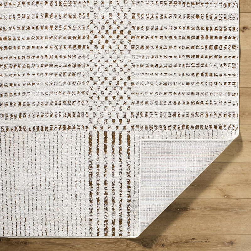 Ivory and Dark Brown Geometric Polyester Area Rug, 6'7" x 9'