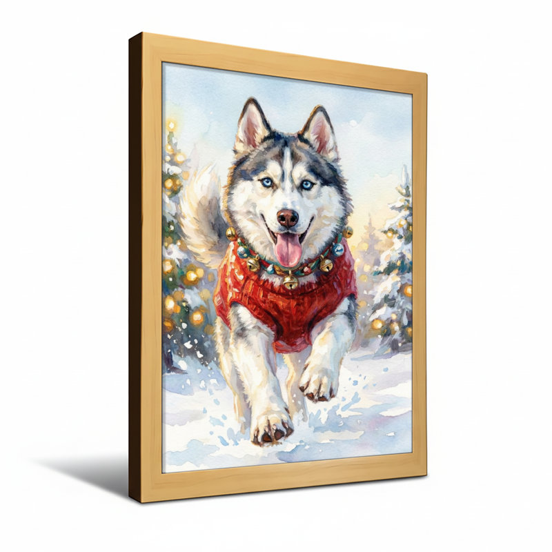 Animals Husky In Red Sweater Winter Scene, Wrapped Canvas, Does Not Apply, 20" H x 30" W