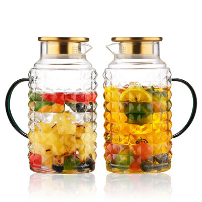 Ensemble de 2 pichets en verre de 68 oz / 2 L avec couvercles - borosilicate résistant à la chaleur, pichet d'eau avec poignée verte pour réfrigérateur, thé glacé, infusion froide et limonade - Home Kitchen Essential