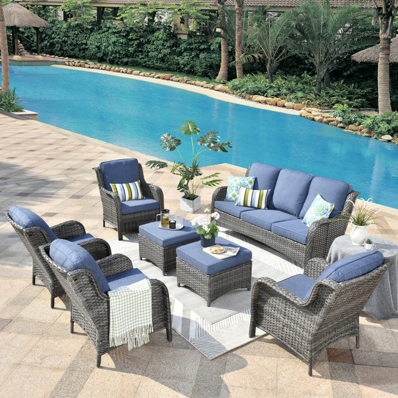 Ensemble de conversation en osier / rotin pour 7 personnes avec coussins, Coussin bleu / cadre gris