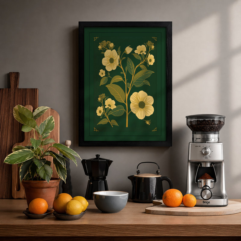 Golden Blooms In Green Botanical - Print, A2 - 59.4 x 42.0 cm, Black