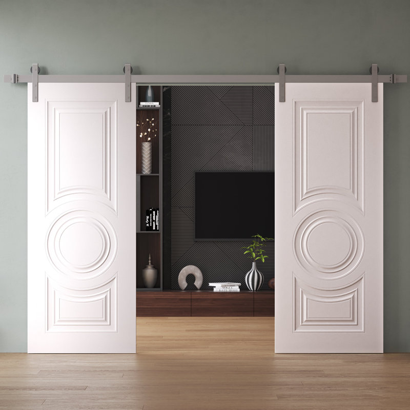 Double pouces de porte de grange | Essentiel 1801 blanc | Ensemble de rail 14 pi argenté | Portes intérieures solides
