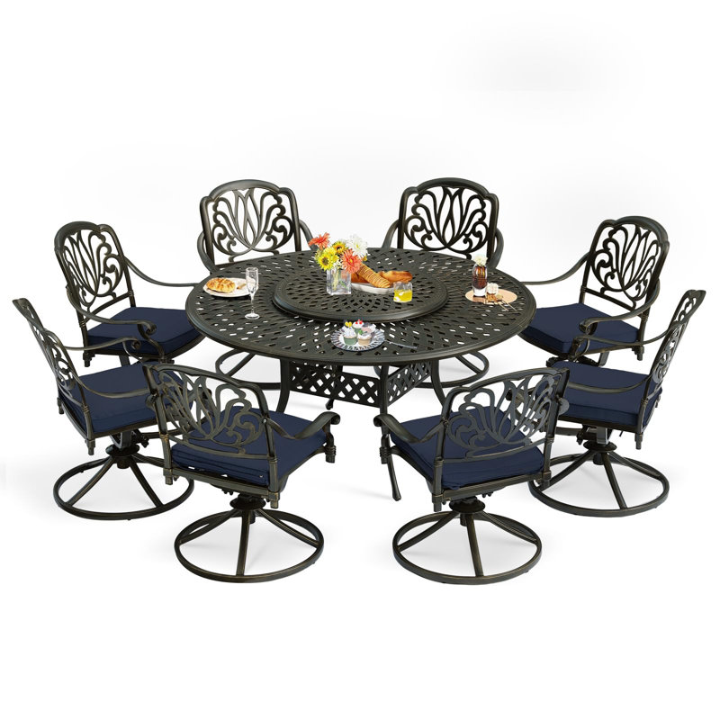 Round 8 - Person 61" L Outdoor Dining Set, Navy Blue
